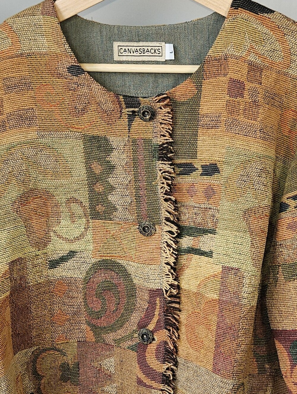 Vintage Canvas Coat Patterned Patchwork Jacket Size Large Fall Boho Southwestern - Picture 2 of 7